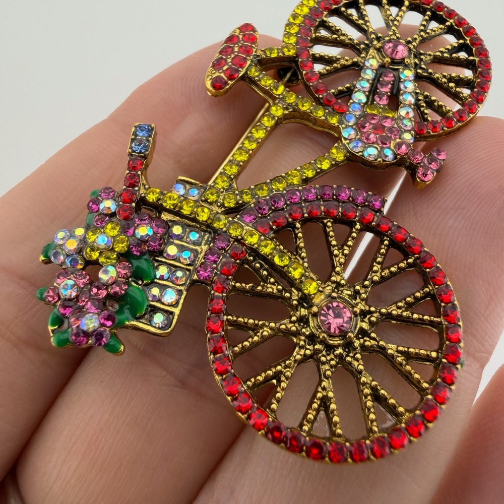 Multicolor Rhinestone Bicycle Brooch Flower Basket Pin - Picture 2 of 9